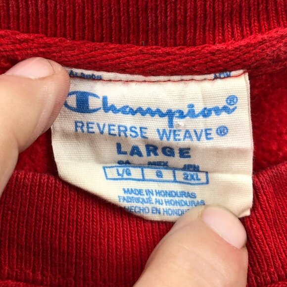Champion Women's Reverse Weave Sweatshirt Large Crew Neck Red Cropped with Sciss - Picture 3 of 14